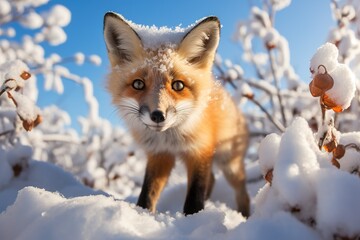 curious red fluffy fox runs in the snow on a sunny winter day