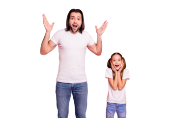 Close up photo beautiful she her little small lady he him his daddy triumph staring expression hold hand arms palms heads wear casual white t-shirts denim jeans isolated pink bright background