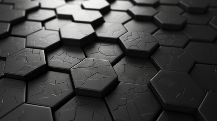 Close-up of dark hexagonal tiles with intricate patterns, creating a modern and abstract geometric background.
