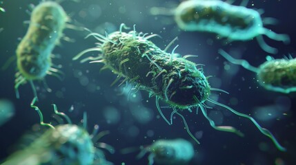 Close-up view of green bacteria under the microscope, showcasing detailed microorganisms in a biotechnological setting.