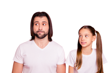 Close up photo beautiful funky she her little small lady he him his daddy look side empty space ignoring mistake listen wonder wear casual white t-shirts denim jeans isolated pink bright background