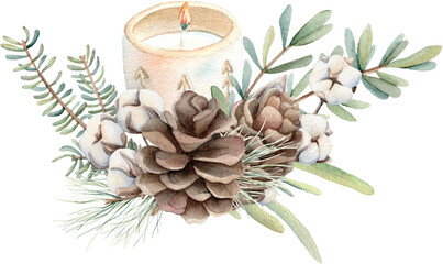 Watercolor Christmas composition of spruce branches, pine cones, cotton plant, candle.  Hand painted holiday card isolated on white background. Winter holiday symbols.