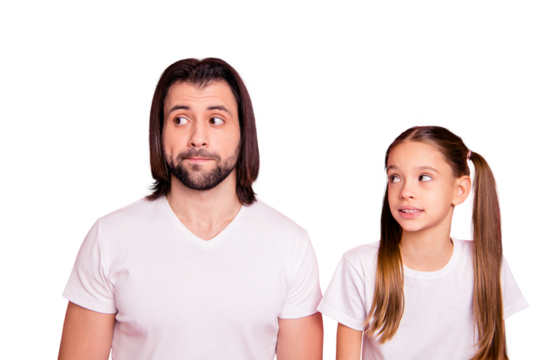Close up photo beautiful funky she her little small lady he him his daddy look side empty space ignoring mistake listen wonder wear casual white t-shirts denim jeans isolated pink bright background