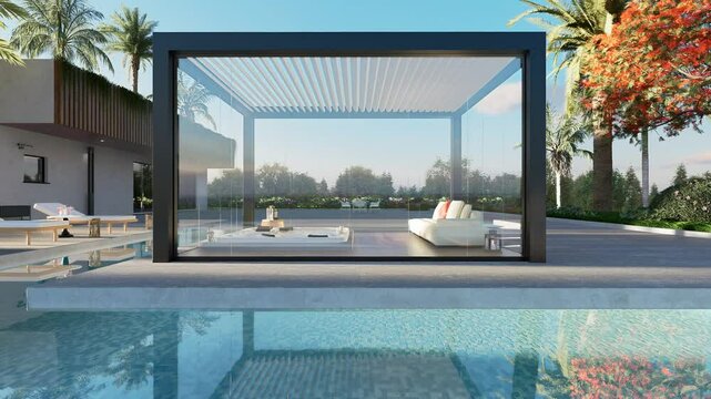 3D render of luxury villa with glass pergola orbit shot.