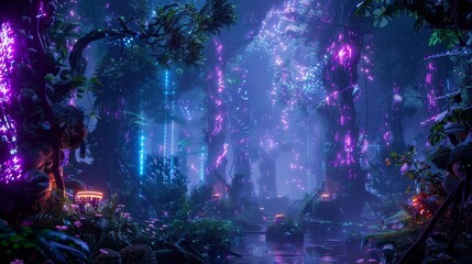 Enchanting neon-lit forest with colorful glowing trees and plants, creating a magical and otherworldly atmosphere reminiscent of a fantasy landscape.