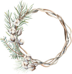 Watercolor Christmas wreath with needles, fir, cotton plant.  Hand painted holiday card isolated on white background. Winter holiday symbols. Wedding decor.