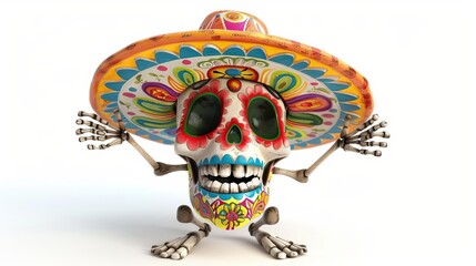 3D render of a funny, dancing Day of the Dead skull, seen from the front, cartoon character style, isolated on white, lively and exaggerated features, joyous and festive vibe