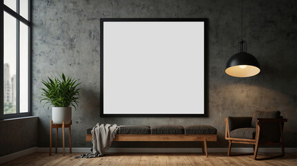 3d rendering empty poster with cozy living room design
