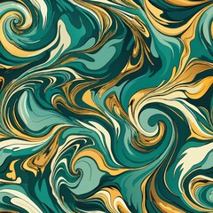 Seamless pattern of abstract marble swirls in shades of green and gold for a luxurious feel, Generative AI