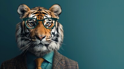 Modern tiger in fashionable trendy outfit with hipster glasses and business suit. Creative animal concept banner. color background banner with copyspace
