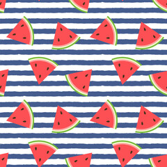 Seamless summer vector pattern, watermelon slices with blue stripes on a white background.