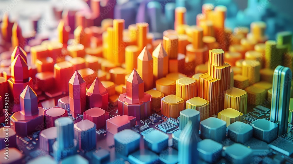 Poster dynamic hexagon patterns in 3d clay, forming a colorful, abstract future cityscape