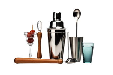 The Elegance of Mixology: A Symphony of Cocktail Glasses, Shaker, and Strainer on a White or Clear Surface PNG Transparent Background.