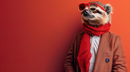 Modern sloth in fashionable trendy outfit with hipster glasses and business suit. Creative animal concept banner. color background banner with copyspace