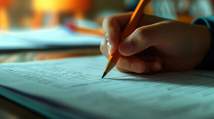 A closeup of an individual's hand holding and writing with pencil on a test paper,