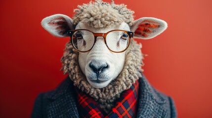 Modern sheep in fashionable trendy outfit with hipster glasses and business suit. Creative animal concept banner. color background banner with copyspace