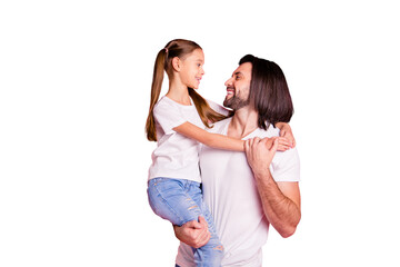 Close up photo beautiful she her little lady he him his daddy hold little princess hands arms affection sweet relax look eyes wear casual white t-shirts denim jeans isolated pink bright background
