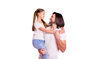 Close up photo beautiful she her little lady he him his daddy hold little princess hands arms affection sweet relax look eyes wear casual white t-shirts denim jeans isolated pink bright background