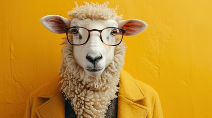 Modern sheep in fashionable trendy outfit with hipster glasses and business suit. Creative animal concept banner. color background banner with copyspace