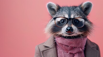 Modern racoon in fashionable trendy outfit with hipster glasses and business suit. Creative animal concept banner. color background banner with copyspace
