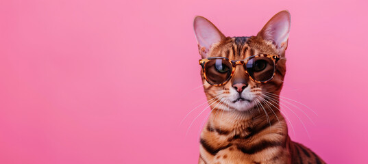 Closeup portrait of a cute and happy pet cat wearing fashion sunglasses isolated against a pink background with Copyspace 