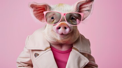 Modern pig in fashionable trendy outfit with hipster glasses and pink business suit. Creative animal concept banner. Pastel pink background banner with copyspace 
