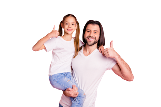 Close up photo beautiful she her little lady he him his daddy dad hold little princess hands arms thumbs up recommend rest relax wear casual white t-shirts denim jeans isolated pink bright background