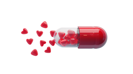 a red capsule with hearts coming out of it