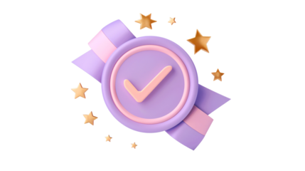 a purple and pink ribbon with a tick mark and stars around it