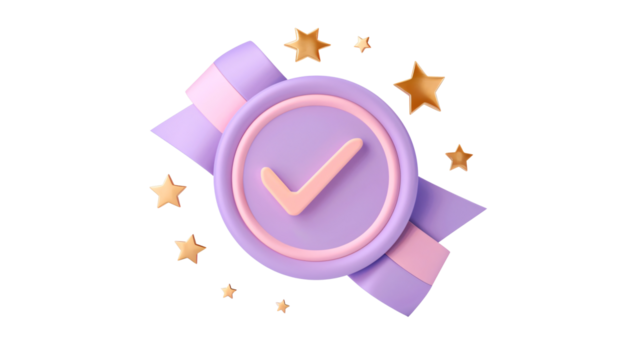 a purple and pink ribbon with a tick mark and stars around it