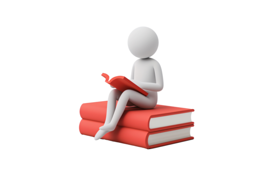 a person sitting on a stack of books