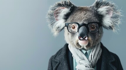 Modern koala in fashionable trendy outfit with hipster glasses and black business suit. Creative animal concept banner. Pastel white background banner with copyspace 