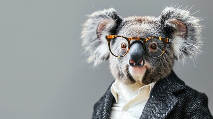 Modern koala in fashionable trendy outfit with hipster glasses and black business suit. Creative animal concept banner. Pastel white background banner with copyspace 