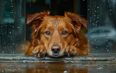 A wet golden retriever puppy with sad eyes looks out from a window on a rainy day, longing to go outside and play.
