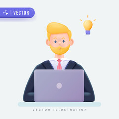 Young businessman working on the laptop and having an idea. Freelance job concept, creativity innovation and business idea concept. 3d vector people character illustration. Cartoon minimal style.