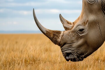 a close-up profile view of an African rhino’s horn, set against the backdrop of the brown field.