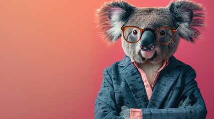 Modern koala in fashionable trendy outfit with hipster glasses and business suit. Creative animal concept banner. color background banner with copyspace