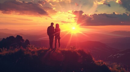 Obraz premium A couple watching a sunset from a hilltop.