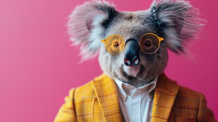 Modern koala in fashionable trendy outfit with hipster glasses and business suit. Creative animal concept banner. color background banner with copyspace