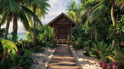 A cozy beach house surrounded by lush palm trees and tropical plants.