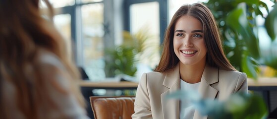 Happy young woman doing a job interview. Recruiter interviewing candidate at desk in office. professional business woman executive manager having job interview in meeting. Generative ai