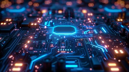 Obraz premium Futuristic blue circuit lines, detailed, realistic, abstract tech, vibrant neon lighting 8K , high-resolution, ultra HD,up32K HD