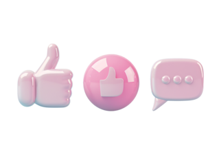 a group of pink thumbs up and speech bubbles