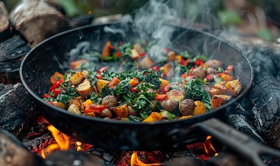 Greens and root vegetables cooking in a pan over hot coals
