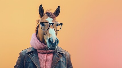 Modern horse in fashionable trendy outfit with hipster glasses and business suit. Creative animal concept banner. Pastel background banner with copyspace