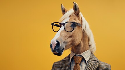 Modern horse in fashionable trendy outfit with hipster glasses and business suit. Creative animal concept banner. Pastel background banner with copyspace