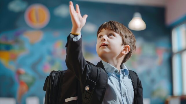Boy raising hand in colorful classroom