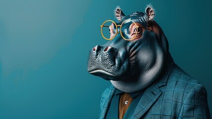 Modern hippo in fashionable trendy outfit with hipster glasses and business suit. Creative animal concept banner. color background banner with copyspace