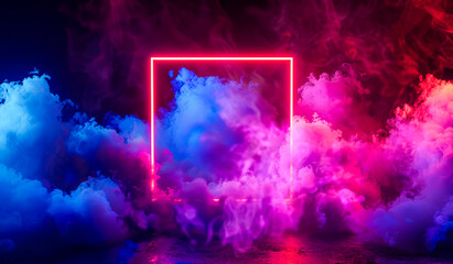 Obraz premium Abstract background with colorful light,3d render, glowing blue square frame in the clouds