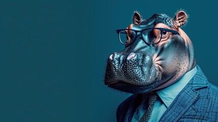 Modern hippo in fashionable trendy outfit with hipster glasses and business suit. Creative animal concept banner. color background banner with copyspace